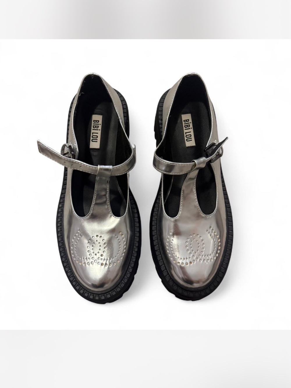 Bibi Lou Metallic Silver T-Strap Loafers